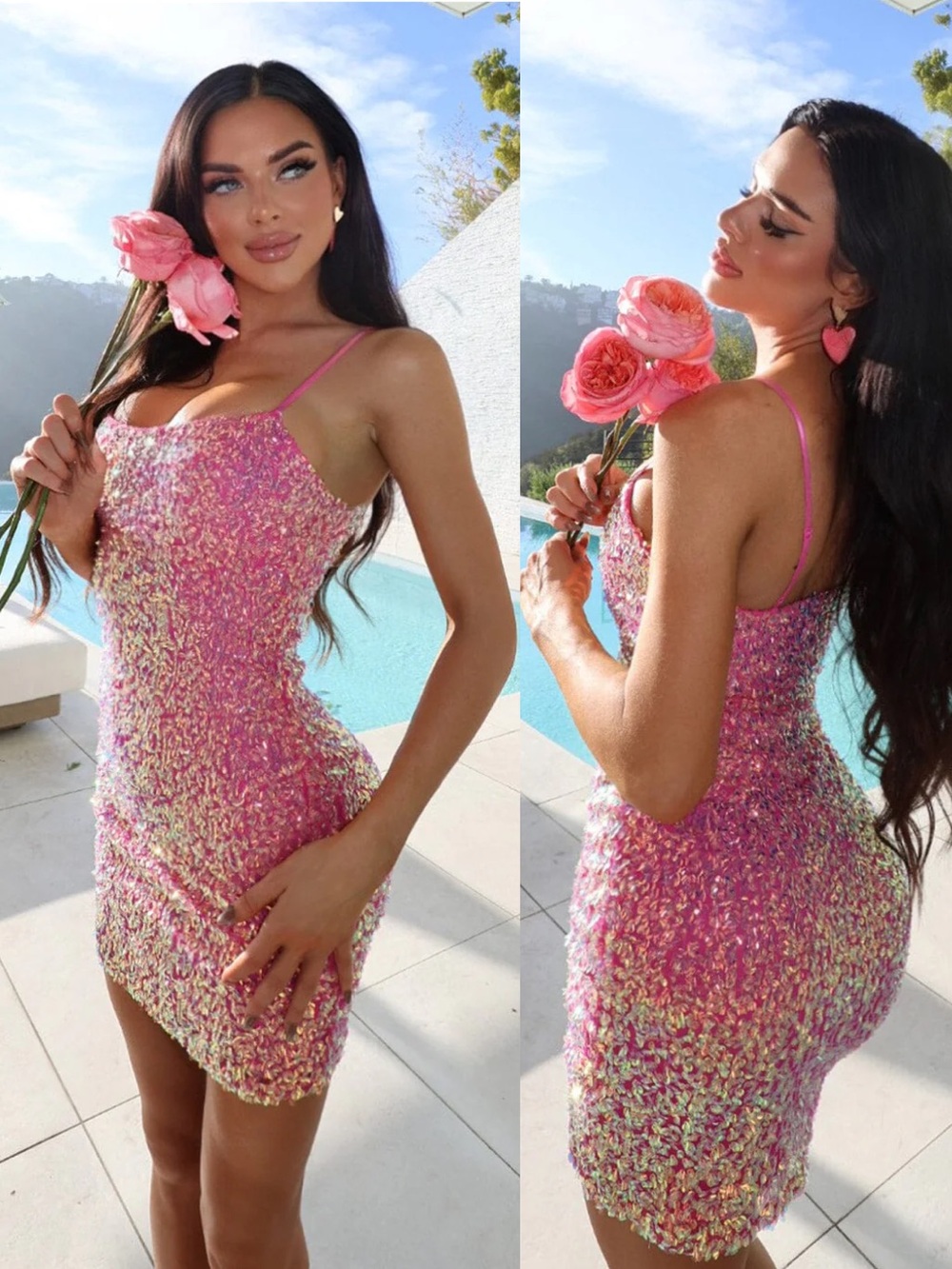 Emerald Sundae | Electric Prism Rose Party Dress Pink Sequin Homecoming New XS